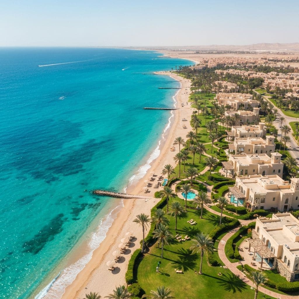 Beautiful Hurghada Red Sea coastline with luxury beachfront properties - ideal retirement destination in Egypt